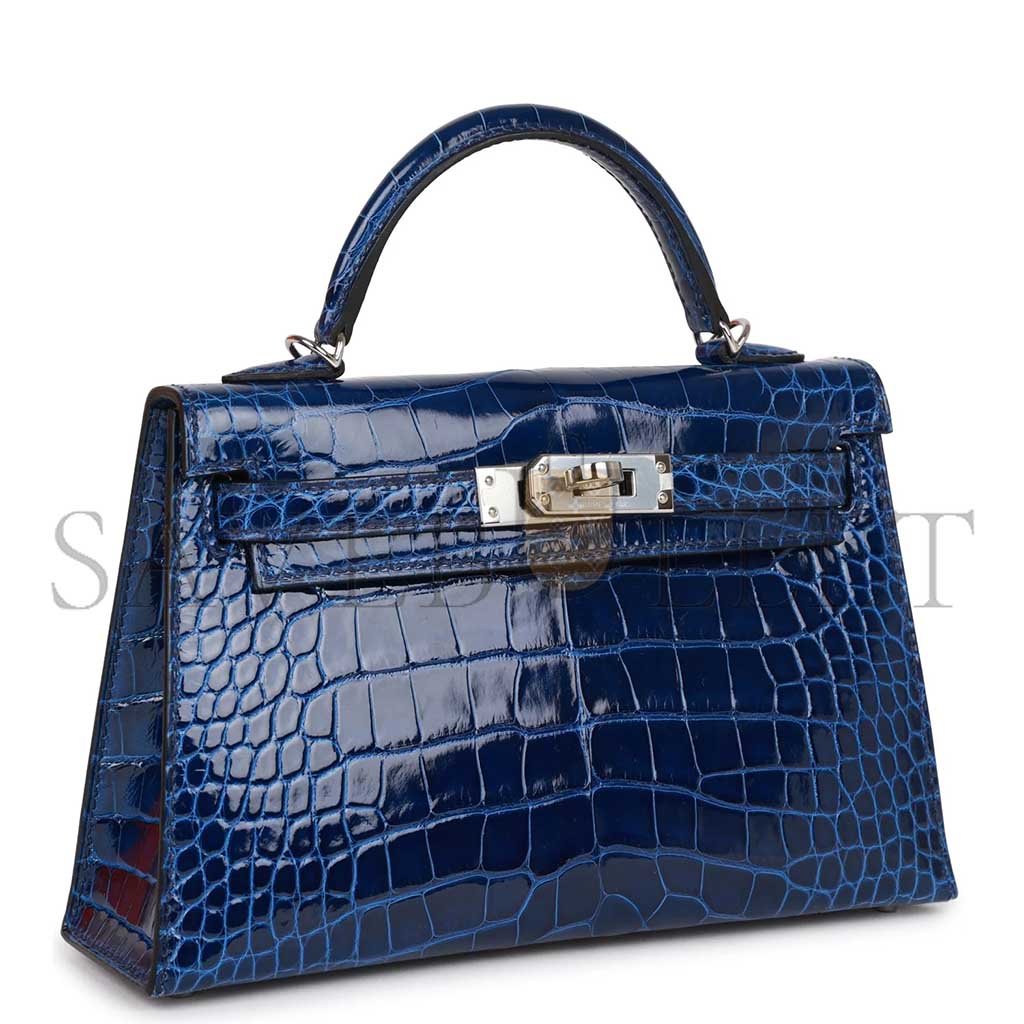 HERMÈS MASTER MINI KELLY II SELLIER BLEU SAPHIR SHINY ALLIGATOR PALLADIUM HARDWARE (19*12*5.5cm) 